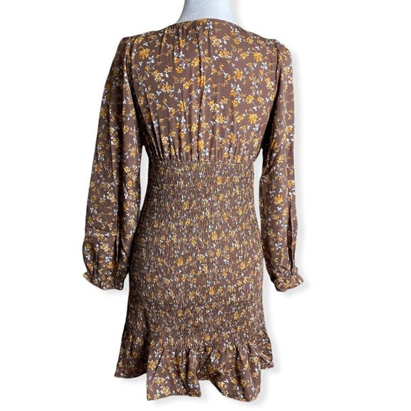 DNT NEW $219 Smocked Mini Dress in Brown Cottagecore Boho Festival Women's Sz M - Picture 7 of 7